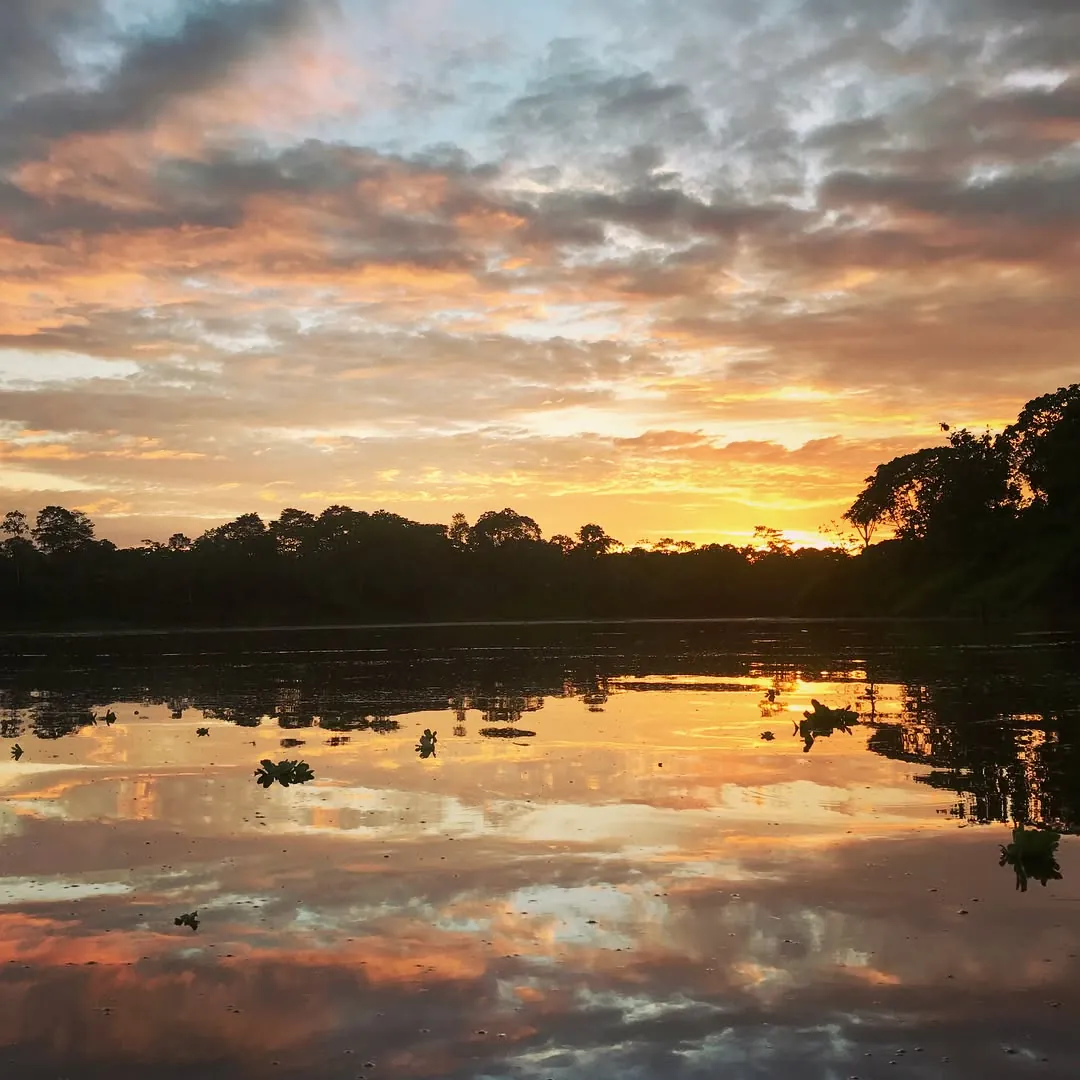 Lever de soleil sur l'Amazone, reflets sur l'eau